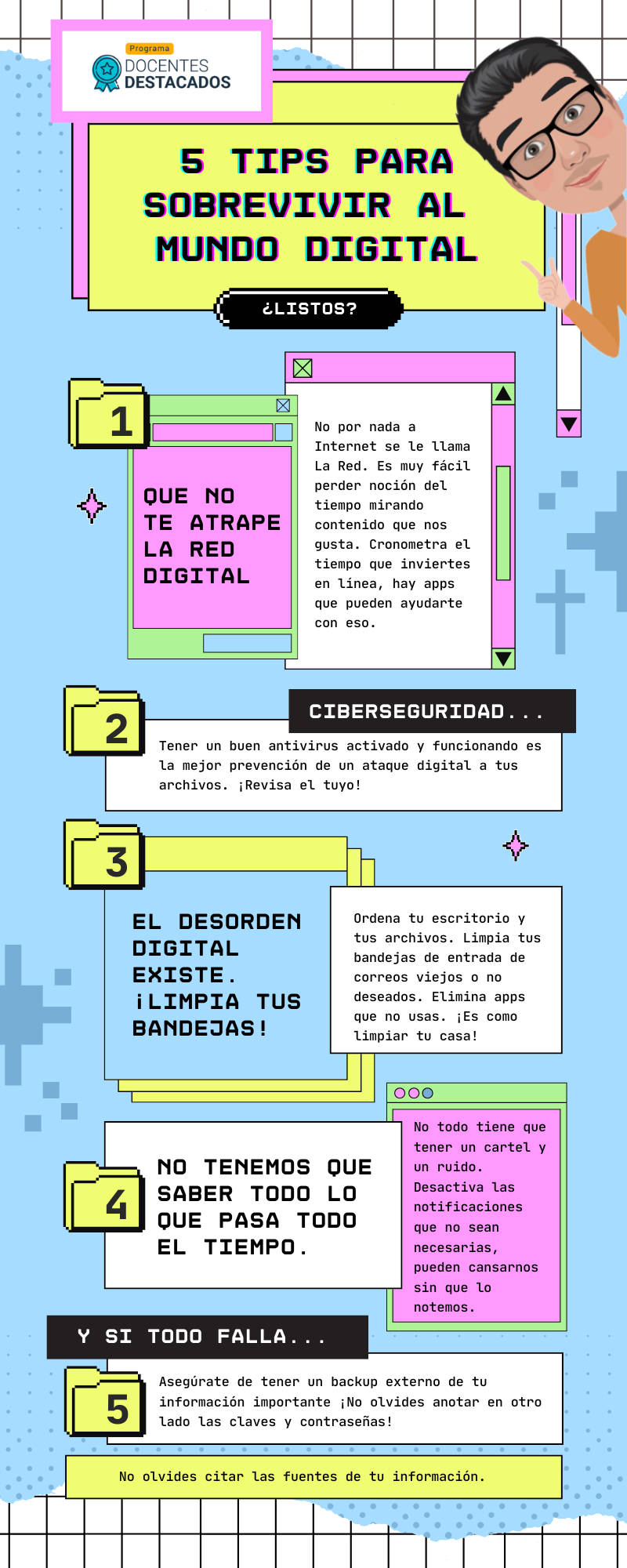 Infografia Tips para el Mundo Digital Pixeles Retro Celeste y Amarillo